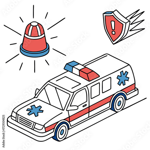 Vector illustration of emergency ambulance with siren light and shield icon. Perfect for medical, hospital, rescue, emergency service, and healthcare design projects.