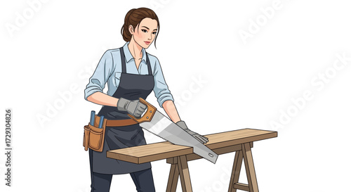 Carpenter woman cutting wood with hand saw in workshop illustration