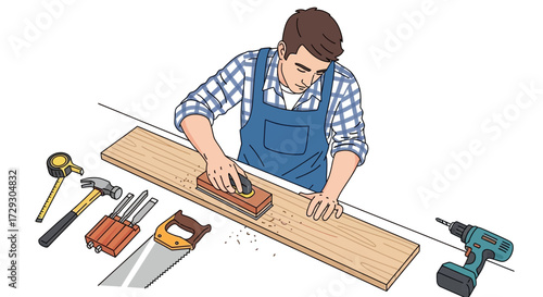Carpenter shaping wood with hand tools, crafting project in woodworking shop