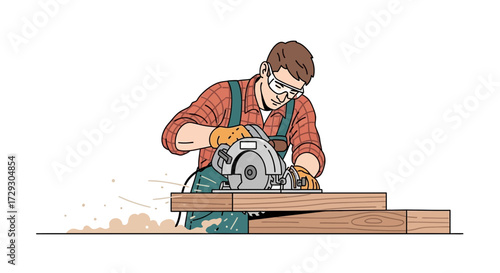 Carpenter Using Circular Saw for Woodworking Construction Projects Safely