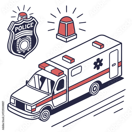 Vector illustration of ambulance with police badge and emergency siren light. Suitable for medical, police, rescue, emergency service, and safety design projects.