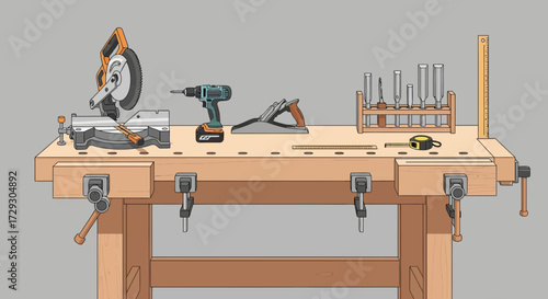Cartoon workbench featuring woodworking tools against a gray background
