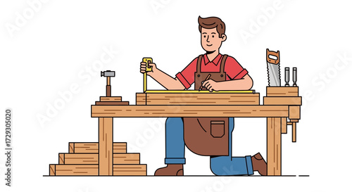 Craftsman Engaged in Woodworking at His Workshop Table with Precision