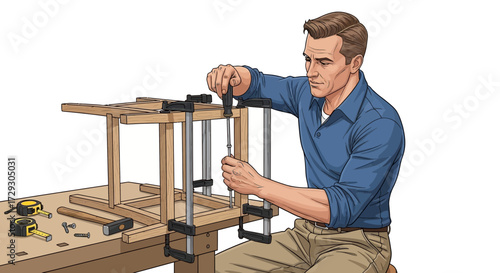 Craftsman Assembling Wooden Frame with Clamps and Screwdriver Technique