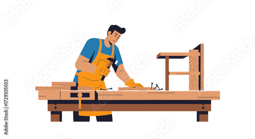 Craftsman assembling furniture at wooden workbench with traditional tool