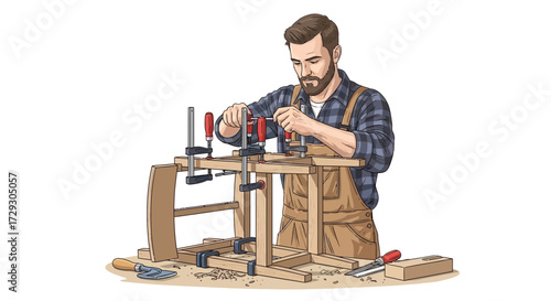 Craftsman meticulously assembling handcrafted wooden chair with precision