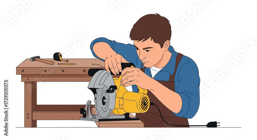 Craftsman operating a circular saw in a woodworking shop illustration