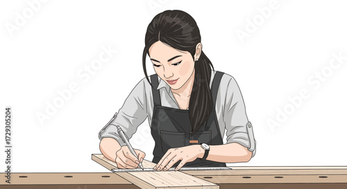 Dedicated female carpenter at work measuring wood with ruler and pen