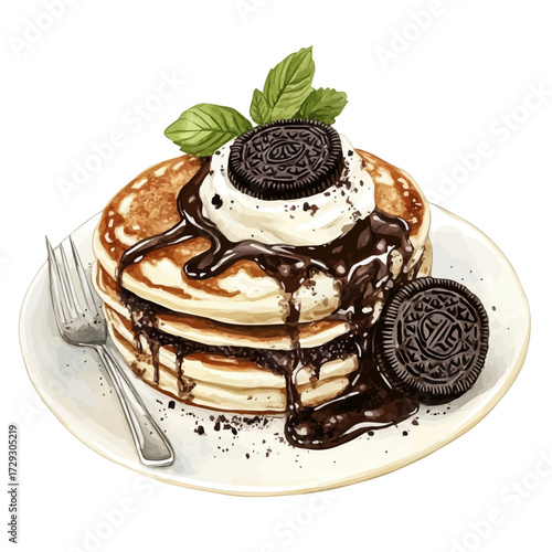 watercolor of Oreo Stuffed Pancakes, vector, isolated on a white background.