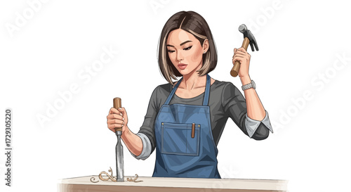 Dedicated female artisan carefully working on wood project with chisel
