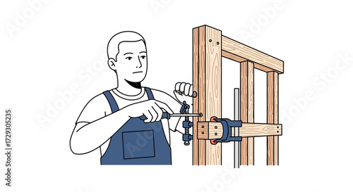 Detailed cartoon of a handyman assembling a wooden frame with a screwdriver