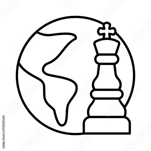 King chess piece with globe line icon. Global strategy and business power. International relations, corporate success, and worldwide decision making in politics and governance. Vector illustration.