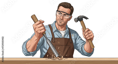 Focused craftsman meticulously shaping wood with precision tools and safety gear