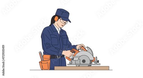 Focused female carpenter cutting wood with circular saw illustration