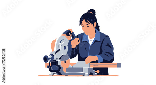 Focused female carpenter using a miter saw to cut a wooden plank