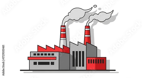 Cartoon Factory with Red and Gray Buildings and Smoking Chimneys on White Background