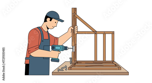 Illustration of a carpenter assembling a wooden frame with a drill driver