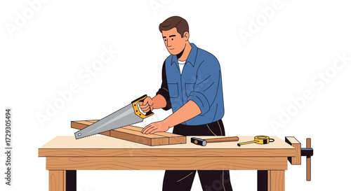 Illustration of a Carpenter Sawing Wood with Various Tools Around