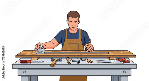 Illustration of a Carpenter Measuring and Marking Wood on a Workbench