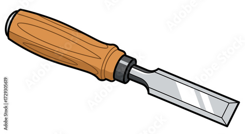 Illustration of a wood chisel tool with a sharp metal blade and handle