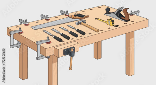 Illustration of a Woodworking Workbench with Traditional Hand Tools Displayed