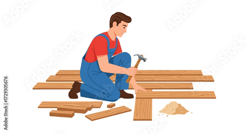 Illustrative carpentry worker assembling wood planks with focused precision