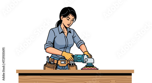 Illustrative representation of a woman using a power sander on wood surface