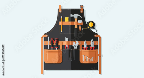 Illustrative tool apron with variety of handy equipment and tools inside