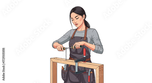 Skilled artisan assembling wooden frame meticulously in a workshop setting