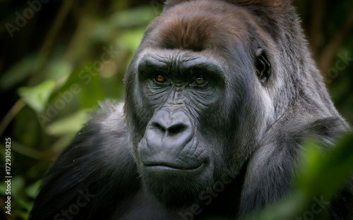 Close-Up of Gorilla Face in Forest Habitat with Detailed Fur Texture and Expressive Eyes, High-Resolution Wildlife Photography Highlighting Primate Intelligence and Natural Environment