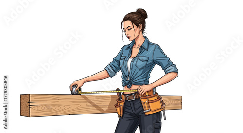 Skilled artisan woman measuring wood with tape measure tool precisely
