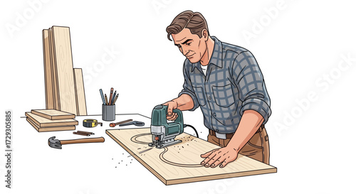 Skilled craftsman carefully cuts wood using a jigsaw in his workshop