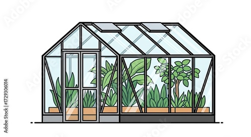 Cartoon Greenhouse with Lush Green Plants Illustration
