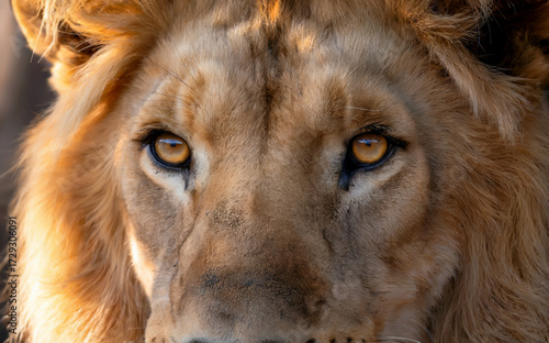 Close-Up of Lion Face with Amber Eyes and Golden Fur in Natural Light, High-Resolution Wildlife Portrait Capturing Strength, Texture, and Majestic Expression