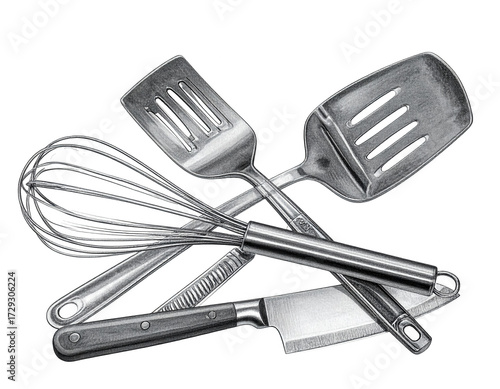 Culinary tools and utensils like a spatula, whisk, and knife are artfully arranged against a stark black background, forming a monochromatic still life suitable for food preparation concepts.