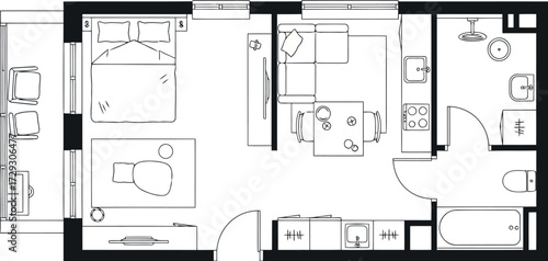 Vector art of floor plan blueprint of a modern studio apartment with furniture and fixtures