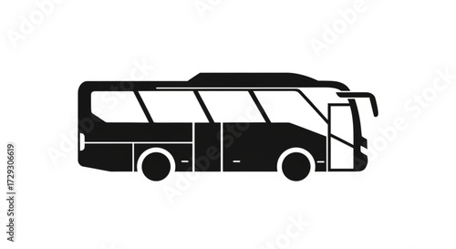 A black silhouette of a bus, it is a common mode of transportation for people and is used for long distance travel