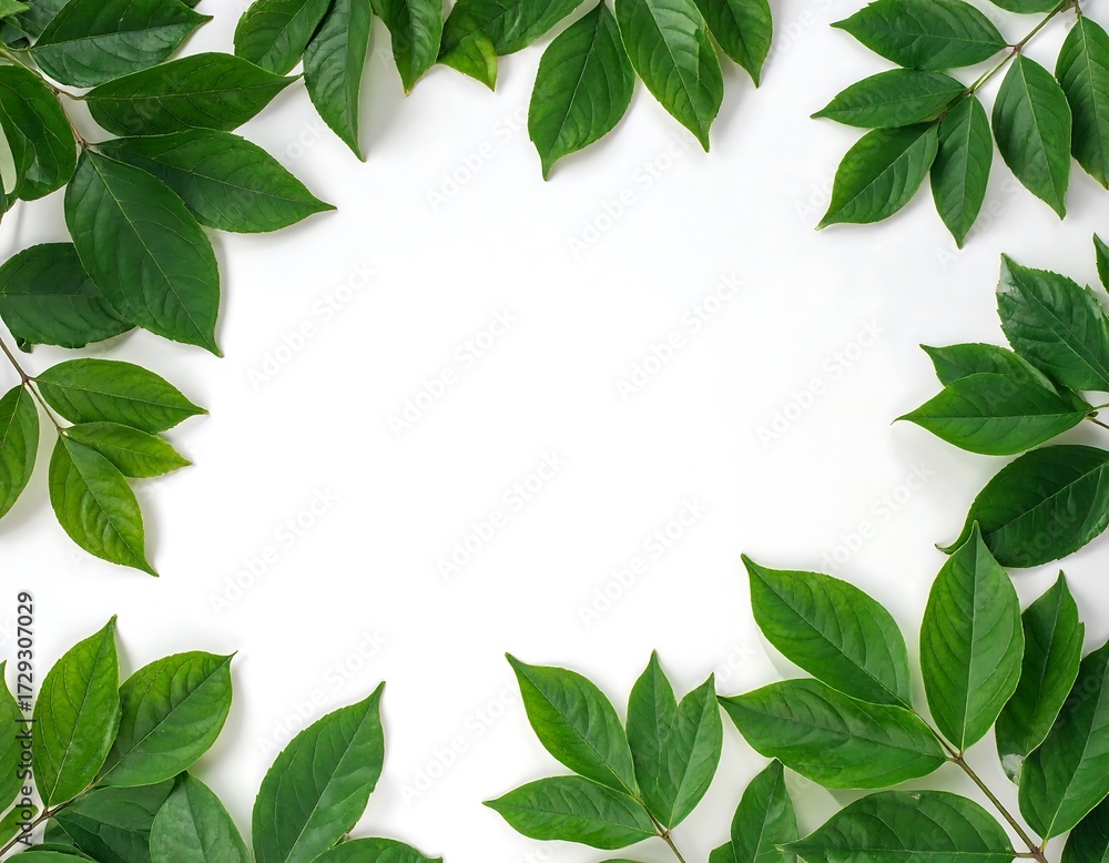 Naklejka premium Fresh green leaves frame on white background