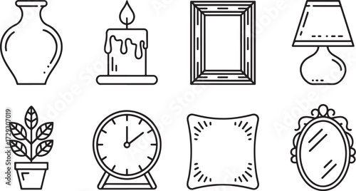 Black and white line art icons of household items including vase, lamp, clock, mirror, plant, pillow, frame, candle.