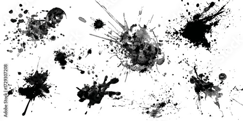 Abstract Black and White Ink Splats Creating a Grunge Effect. Transparent PNG available detailed ink splats Hyperrealistic Highly Detailed Isolated On Transparent Background	
