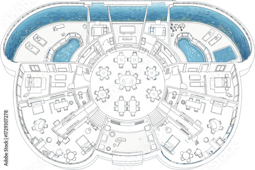 Vector art of architectural blueprint of a luxury resort floor plan with pools and seating areas