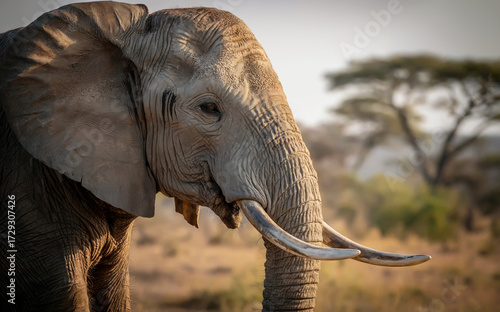 Close-Up of African Elephant with Curved Tusks and Large Ears in Golden Savanna, High-Resolution Wildlife Photography Capturing Natural Texture, Trunk Detail, and Conservation Beauty