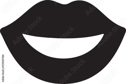 Lips smiling emoji style icon silhouette vector, cheerful expression symbol isolated fun design.