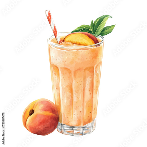 Peach Smoothie, watercolor illustration vector, isolated on a white background.