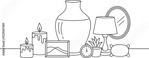 Black and white line art icons of household items including vase, lamp, clock, mirror, plant, pillow, frame, candle.