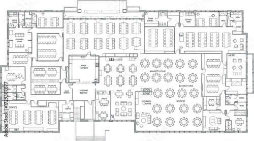 Vector art of detailed floor plan of a large building with multiple rooms and seating areas