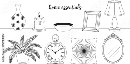 Black and white line art icons of household items including vase, lamp, clock, mirror, plant, pillow, frame, candle.