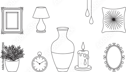 Black and white line art icons of household items including vase, lamp, clock, mirror, plant, pillow, frame, candle.
