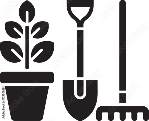 Black silhouette of potted plant shovel and rake on white background gardening spade 1