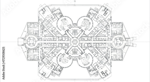 Vector art of topdown architectural blueprint of a complex, symmetrical building design